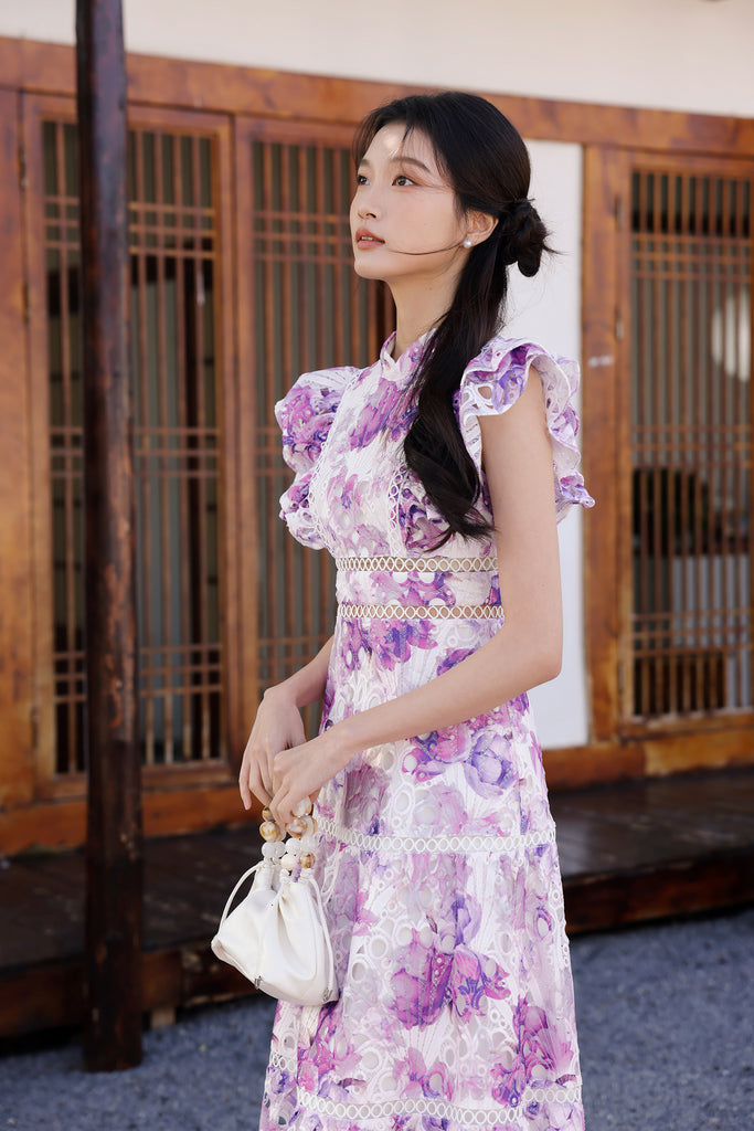 PRESALE: 繁花似锦 Full Bloom Broderie Ruffle Cheongsam Dress - Lilac [XS/S/M/L/XL/XXL]