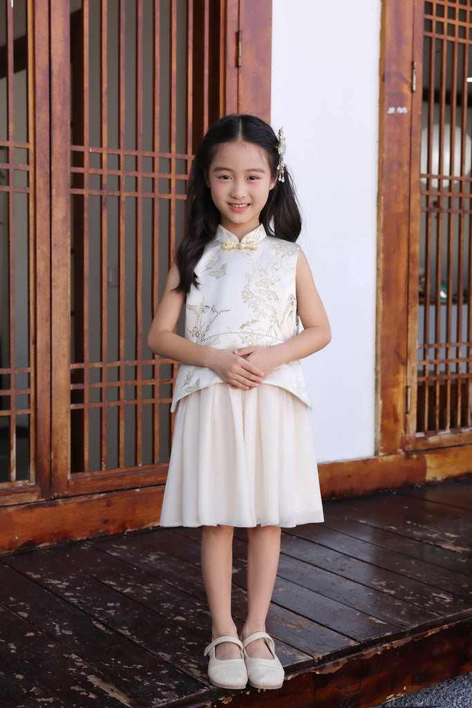 Golden Hour Jacquard Girl's Cheongsam Dress - Beige Gold [XS/S/M/ Diamond Mojitto Golden Hour Jacquard Girl's Cheongsam Dress - Beige Gold [XS/S/M/ Diamond Mojitto