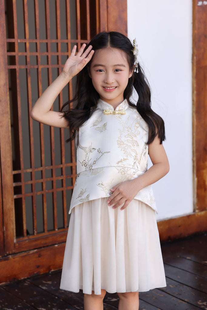 PRESALE: 金碧辉煌 Golden Hour Jacquard Girl's Cheongsam Dress - Beige Gold [XS/S/M/L/XL/XXL]