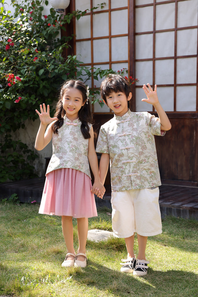 PRESALE: 花好月圆 Blissful Jacquard Boy's Samfu Top - Pink [XS/S/M/L/XL/XXL]