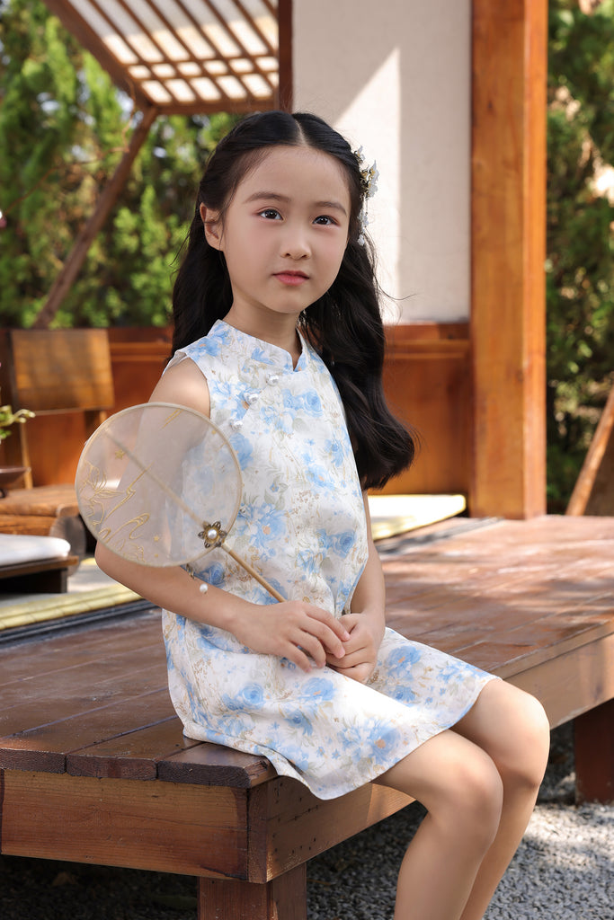 月夕 Spring Bloom Kids Oriental Pearl Cheongsam Dress - Blue [XS/S/M/L/XL/XXL]