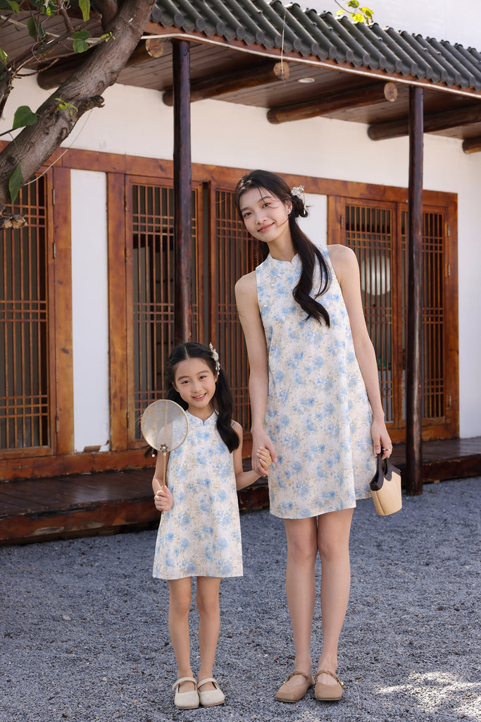 月夕 Spring Bloom Oriental Pearl Cheongsam Dress - Blue [XS/S/M/L/XL/XXL]