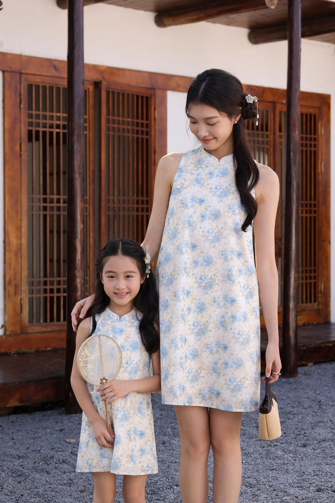 月夕 Spring Bloom Oriental Pearl Cheongsam Dress - Blue [XS/S/M/L/XL/XXL]