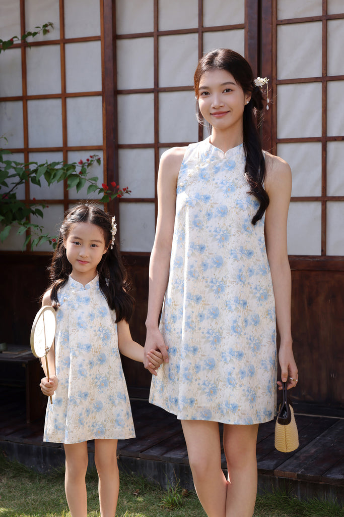 月夕 Spring Bloom Oriental Pearl Cheongsam Dress - Blue [XS/S/M/L/XL/XXL]