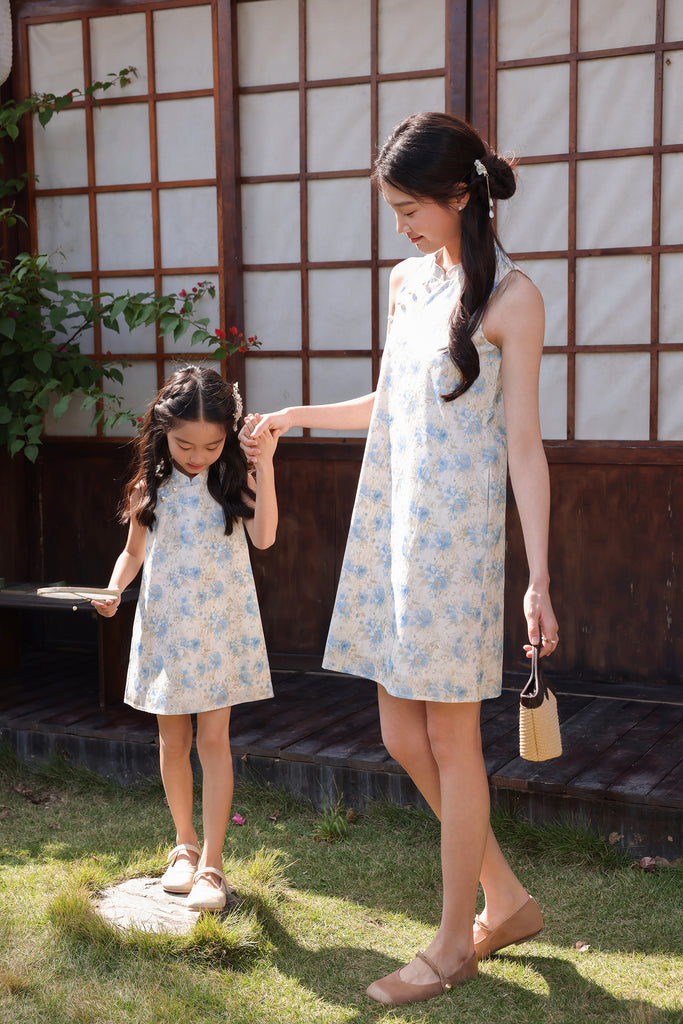 月夕 Spring Bloom Oriental Pearl Cheongsam Dress - Blue [XS/S/M/L/XL/XXL]