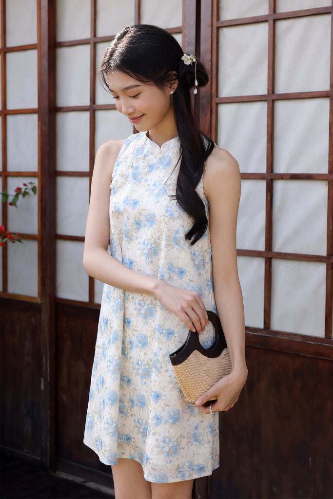 月夕 Spring Bloom Oriental Pearl Cheongsam Dress - Blue [XS/S/M/L/XL/XXL]