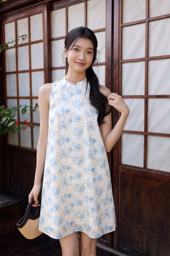 月夕 Spring Bloom Oriental Pearl Cheongsam Dress - Blue [XS/S/M/L/XL/XXL]