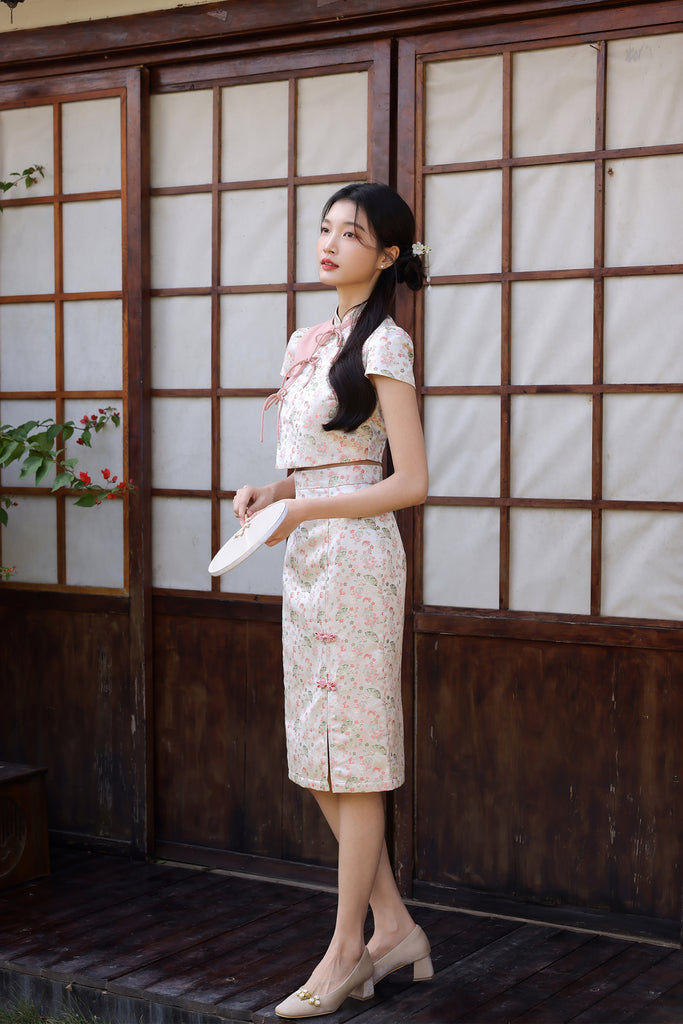 PRESALE: 镜花水月 Yue Ribbon Jacquard Cheongsam Set Wear - Pink [XS/S/M/L/XL/XXL]