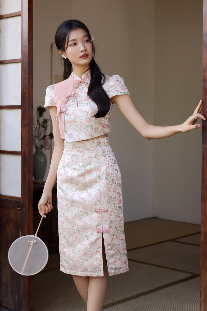 PRESALE: 镜花水月 Yue Ribbon Jacquard Cheongsam Set Wear - Pink [XS/S/M/L/XL/XXL]