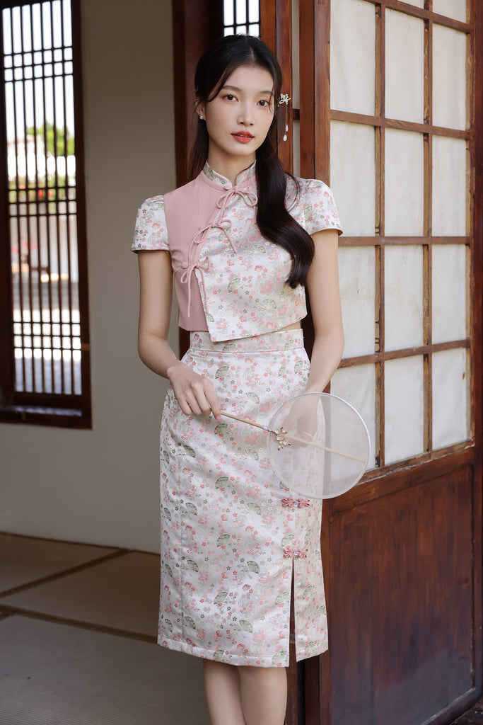 PRESALE: 镜花水月 Yue Ribbon Jacquard Cheongsam Set Wear - Pink [XS/S/M/L/XL/XXL]