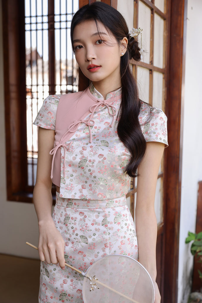 PRESALE: 镜花水月 Yue Ribbon Jacquard Cheongsam Set Wear - Pink [XS/S/M/L/XL/XXL]