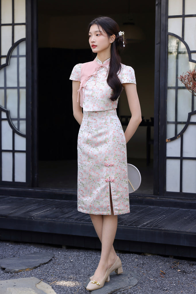 PRESALE: 镜花水月 Yue Ribbon Jacquard Cheongsam Set Wear - Pink [XS/S/M/L/XL/XXL]