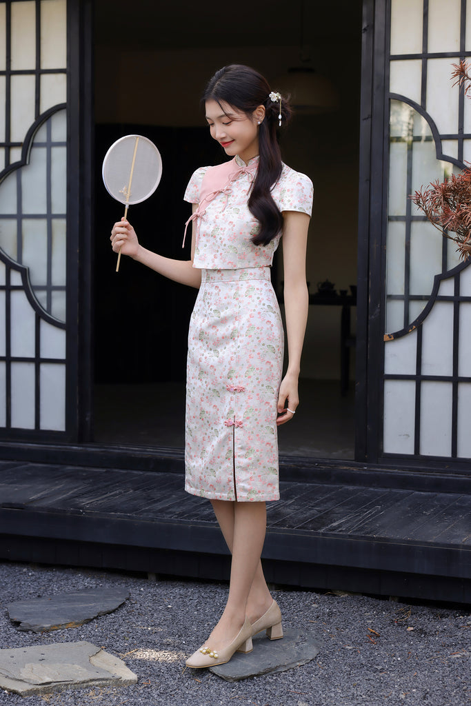 PRESALE: 镜花水月 Yue Ribbon Jacquard Cheongsam Set Wear - Pink [XS/S/M/L/XL/XXL]