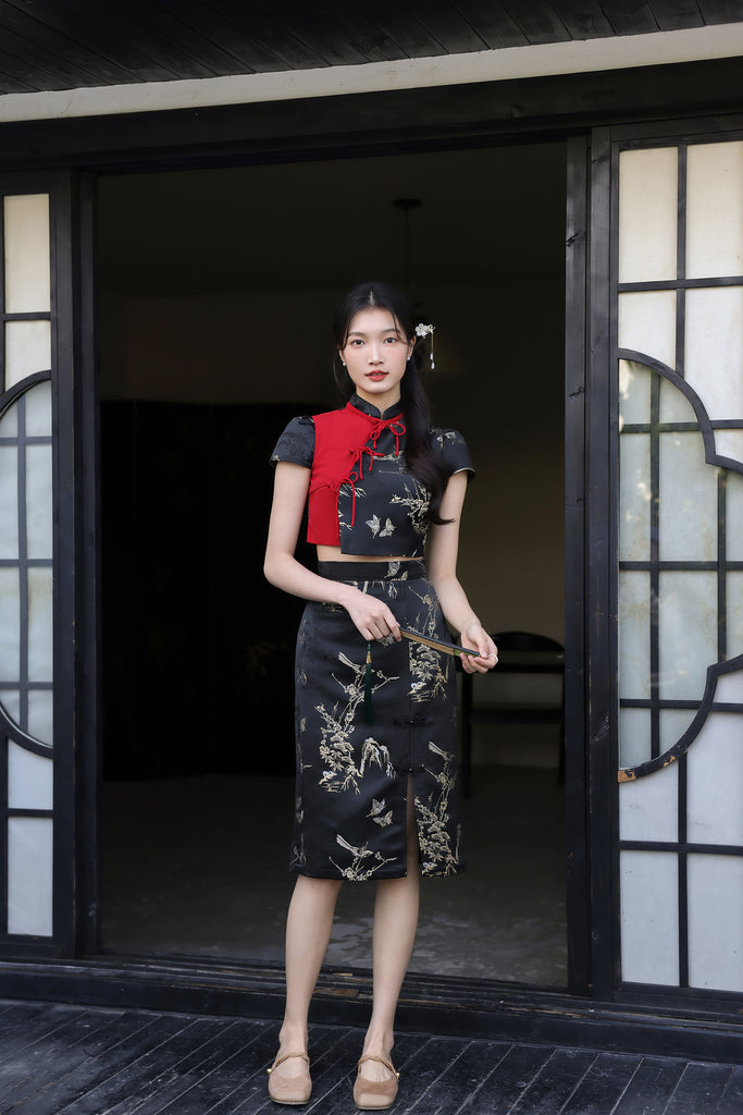 PRESALE: 镜花水月 Yue Ribbon Jacquard Cheongsam Set Wear - Black [XS/S/M/L/XL/XXL]