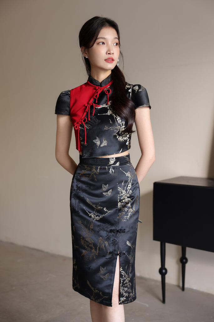 PRESALE: 镜花水月 Yue Ribbon Jacquard Cheongsam Set Wear - Black [XS/S/M/L/XL/XXL]