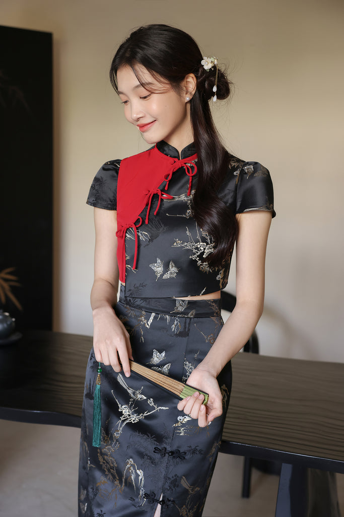 PRESALE: 镜花水月 Yue Ribbon Jacquard Cheongsam Set Wear - Black [XS/S/M/L/XL/XXL]