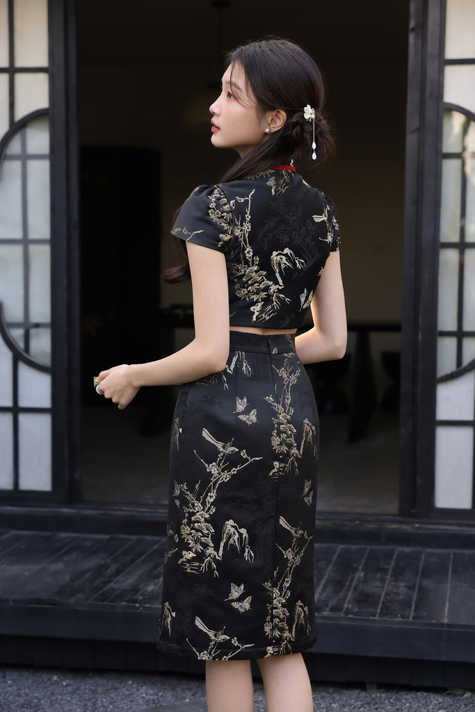 PRESALE: 镜花水月 Yue Ribbon Jacquard Cheongsam Set Wear - Black [XS/S/M/L/XL/XXL]