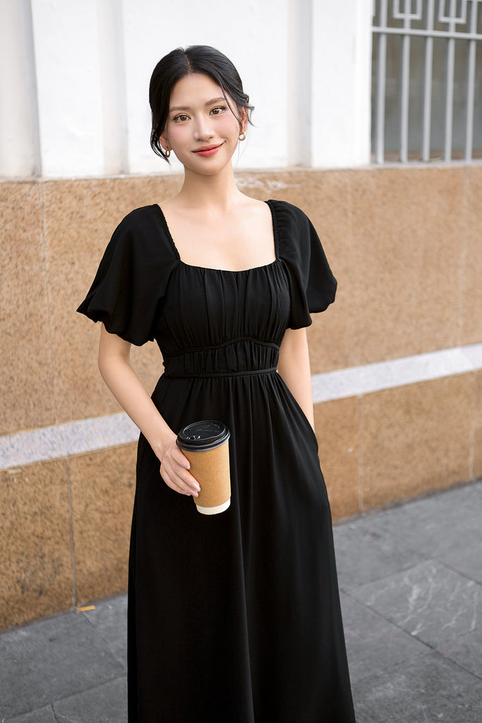 Locell Puffy Sleeves Ruched Waist Dress - Black [XS/S/M/L/XL/XXL]