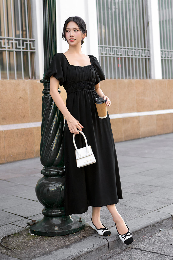 Locell Puffy Sleeves Ruched Waist Dress - Black [XS/S/M/L/XL/XXL]