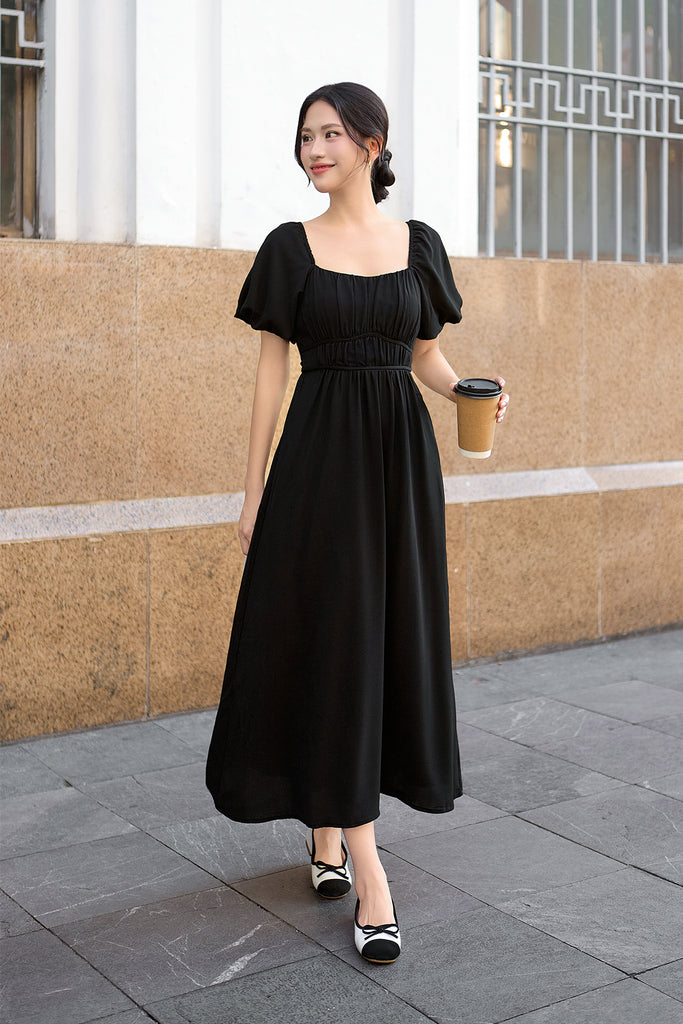 Locell Puffy Sleeves Ruched Waist Dress - Black [XS/S/M/L/XL/XXL]