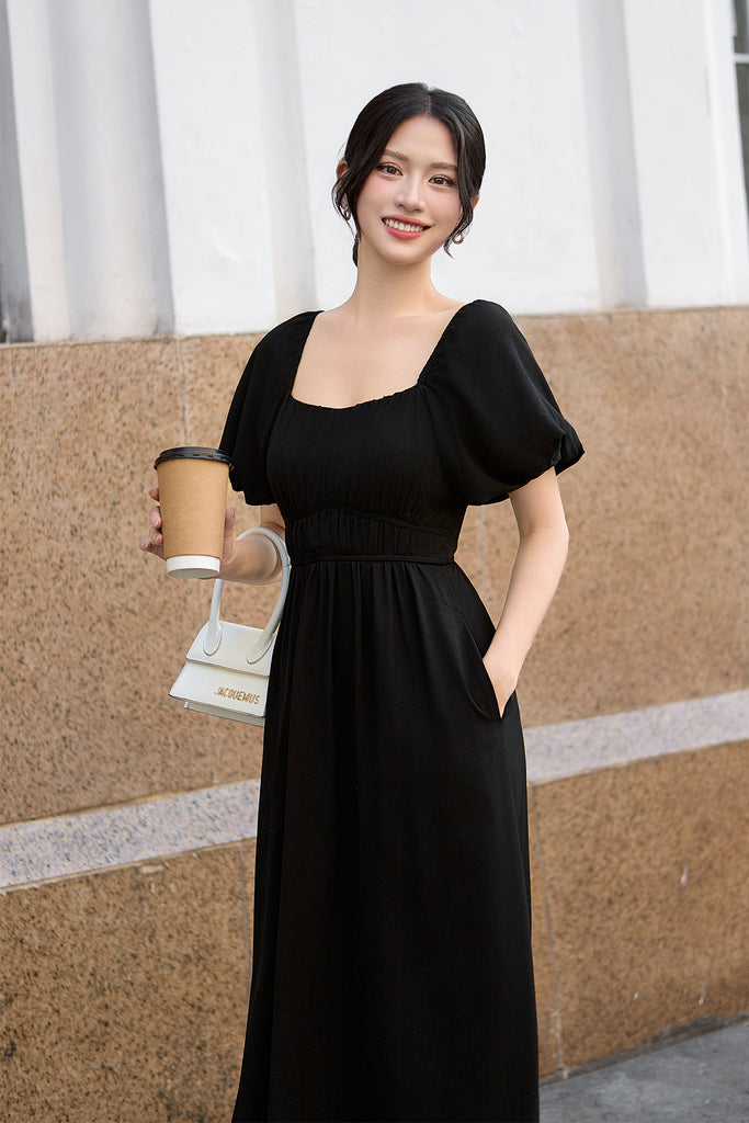 Locell Puffy Sleeves Ruched Waist Dress - Black [XS/S/M/L/XL/XXL]