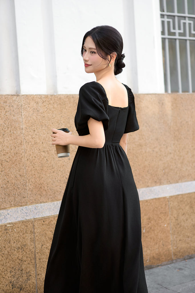 Locell Puffy Sleeves Ruched Waist Dress - Black [XS/S/M/L/XL/XXL]