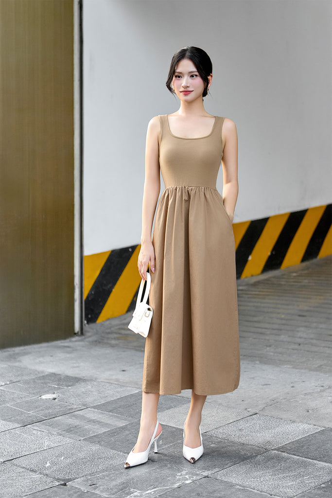 Lyra Ribbed Midaxi Dress - Khaki [S/M/L/XL]