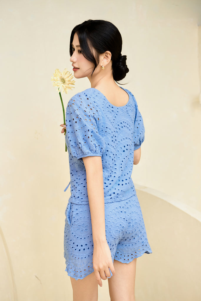 Cora Eyelet Tie Blouse - Cornflower Blue [XS/S/M/L/XL/XXL]