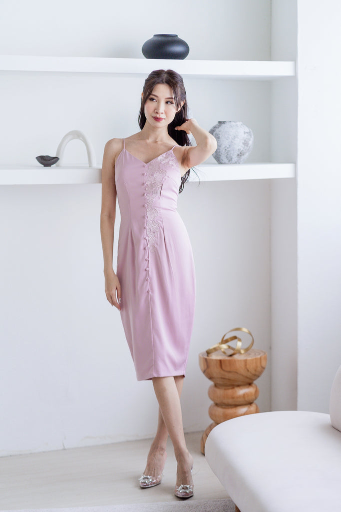 Anya Appliqué Button Sateen Dress - Pink [XS/S/M/L/XL]
