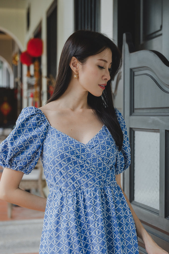 Alaia Denim Embroidery Overlap Maxi Dress - Blue [XS/S/M/L/XL/XXL