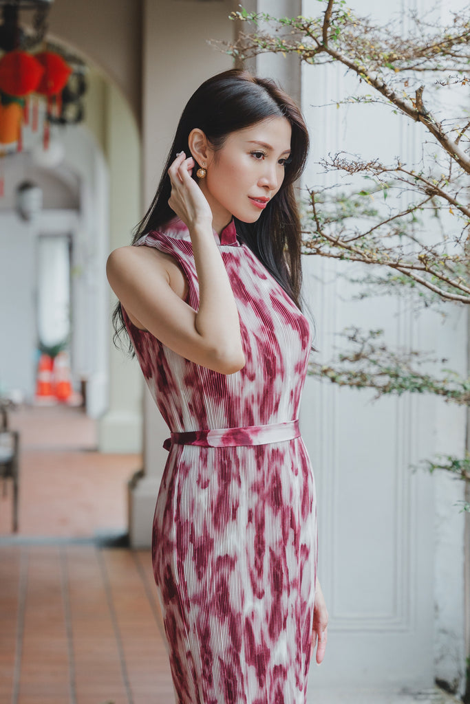然 Ran Watercolour Pleated Detachable Collar Cheongsam Dress - Wine [XS/S/M/L]