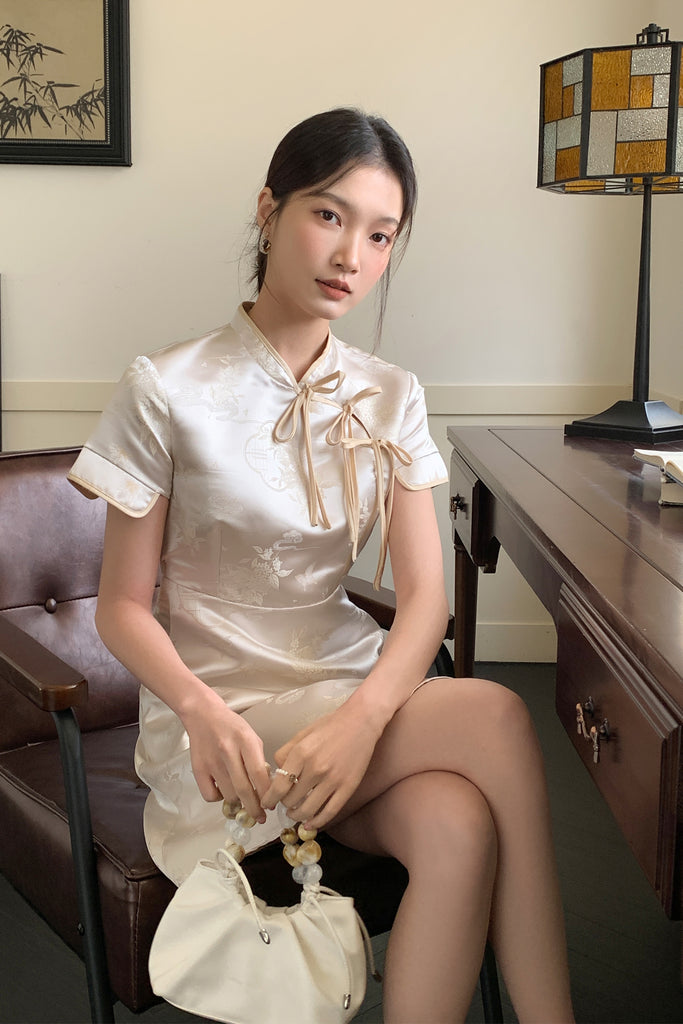 福星 Tie Tie Cheongsam Dress - Beige [XS/S/M/L/XL/XXL]