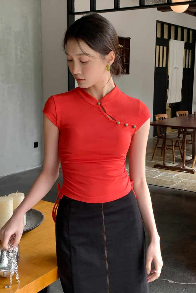 茉莉 Molly Cheongsam Jersey Top - Red [XS/S/M/L]