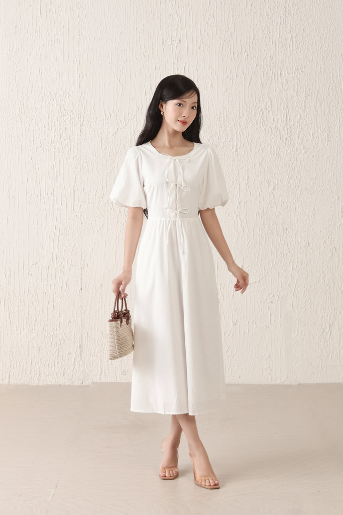 Helena Ribbon Tie Midi Dress - White [XS/S/M/L/XL/XXL]