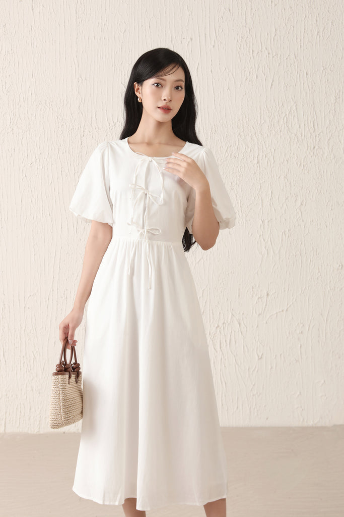 Helena Ribbon Tie Midi Dress - White [XS/S/M/L/XL/XXL]