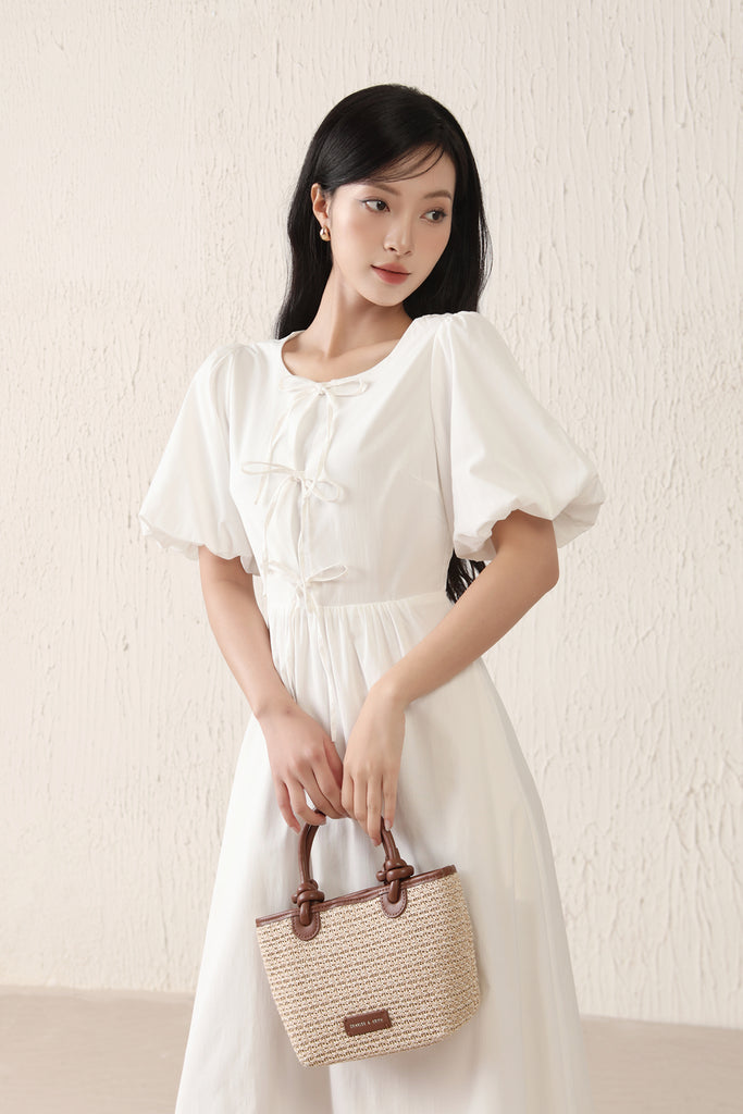 Helena Ribbon Tie Midi Dress - White [XS/S/M/L/XL/XXL]