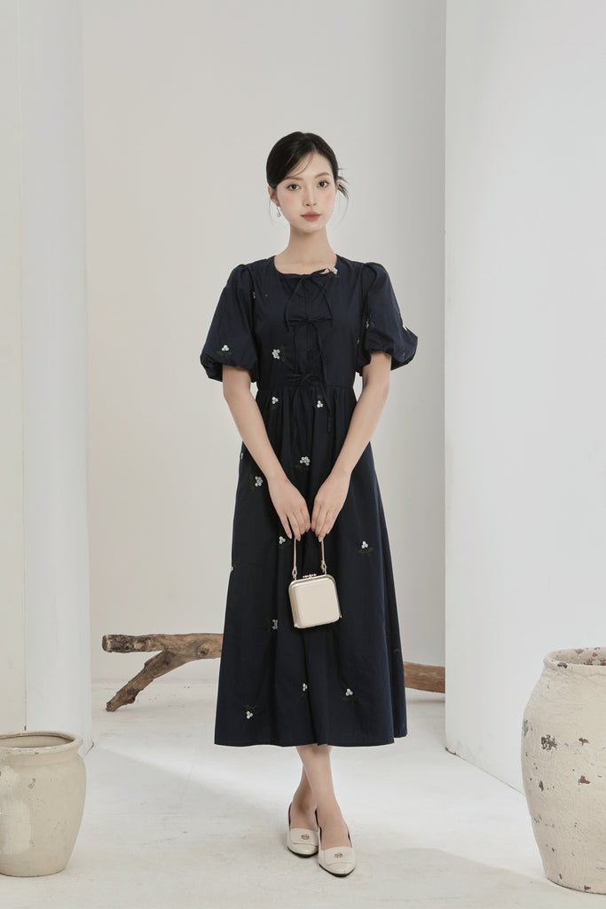 Helena Embroidery Ribbon Tie Midi Dress - Navy [XS/S/M/L/XL/XXL]