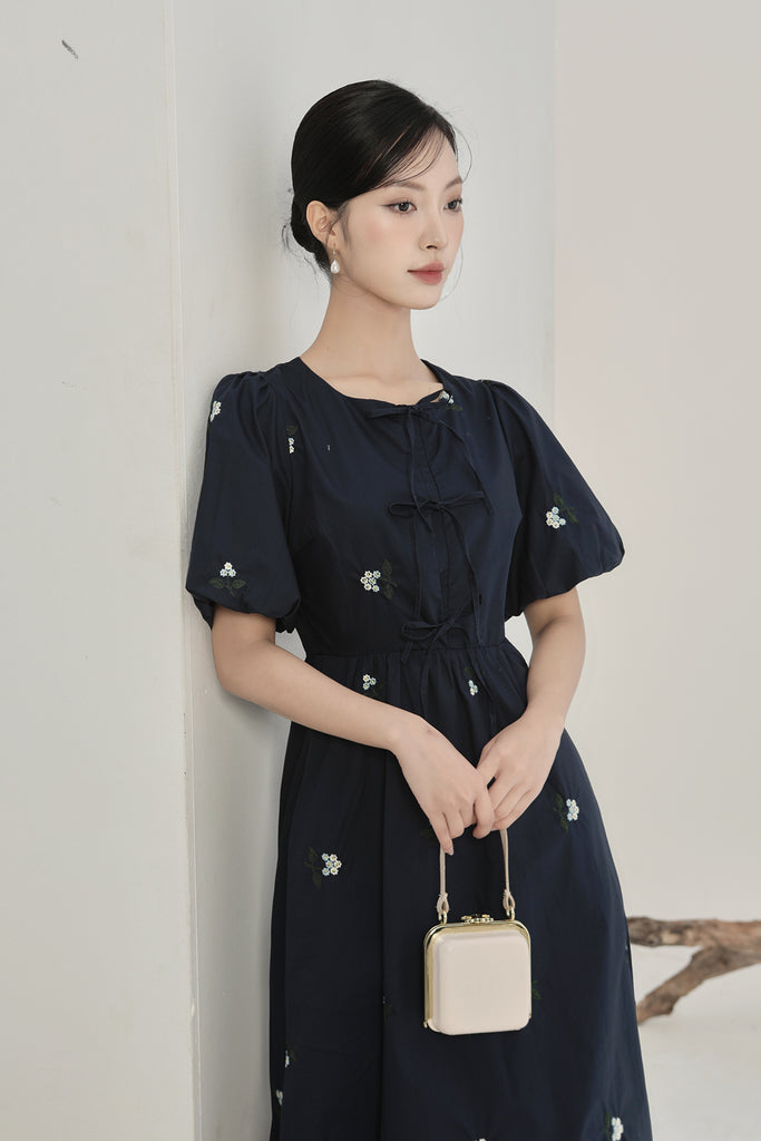 Helena Embroidery Ribbon Tie Midi Dress - Navy [XS/S/M/L/XL/XXL]