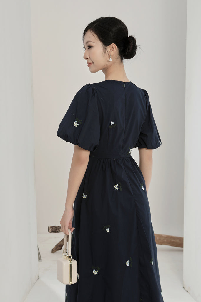 Helena Embroidery Ribbon Tie Midi Dress - Navy [XS/S/M/L/XL/XXL]