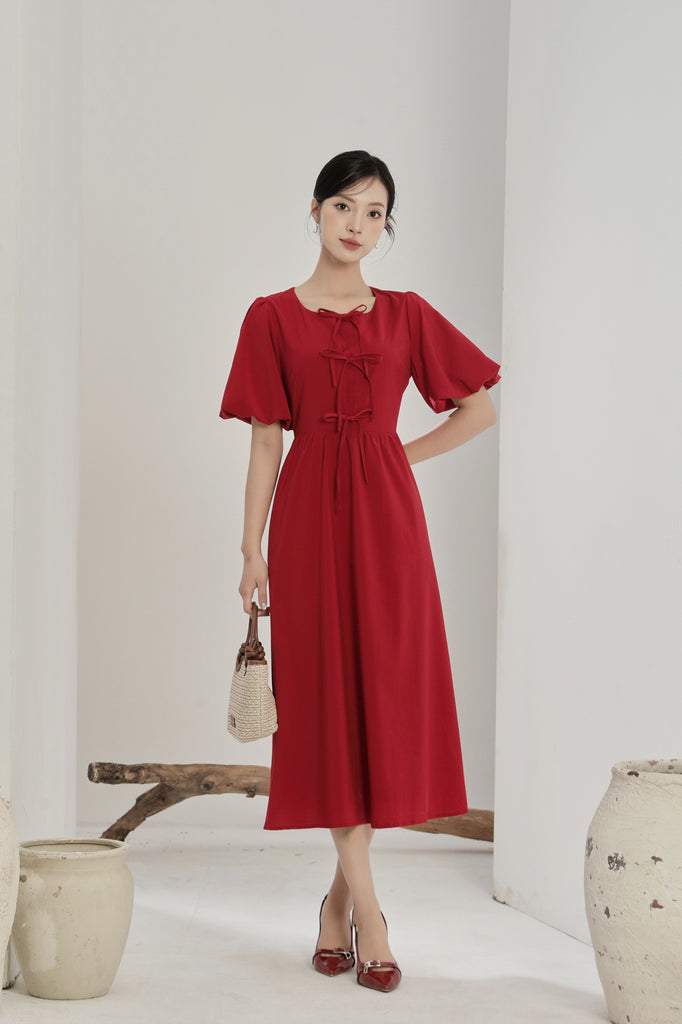 Helena Ribbon Tie Midi Dress - Red [XS/S/M/L/XL/XXL]