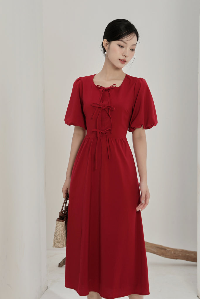 Helena Ribbon Tie Midi Dress - Red [XS/S/M/L/XL/XXL]