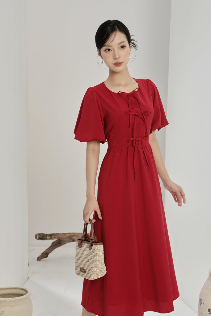 Helena Ribbon Tie Midi Dress - Red [XS/S/M/L/XL/XXL]