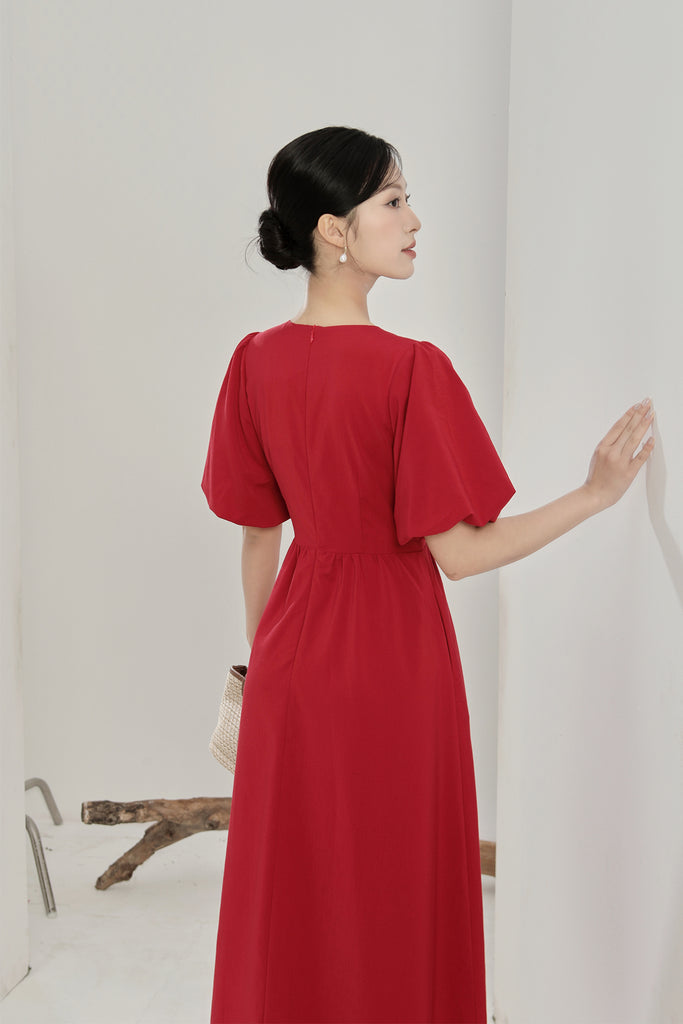 Helena Ribbon Tie Midi Dress - Red [XS/S/M/L/XL/XXL]