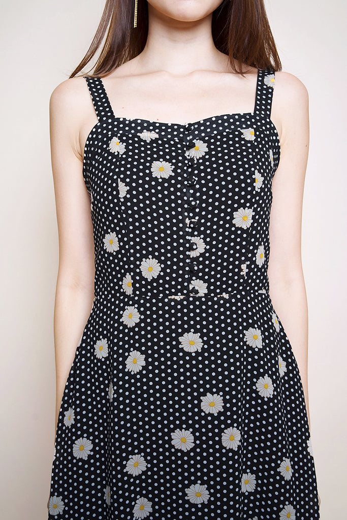Elise Daisy Button Skater Dress - Black [XS/S/M/L]