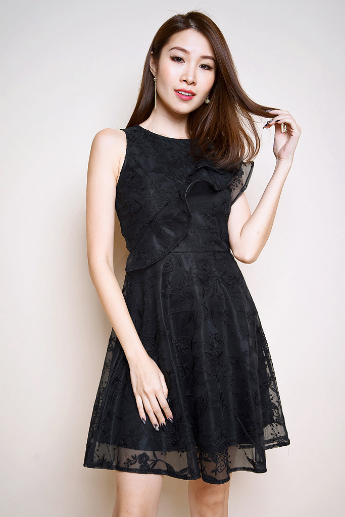 Avery Floral Mesh Ruffle Dress - Black [S/M/L/XL]