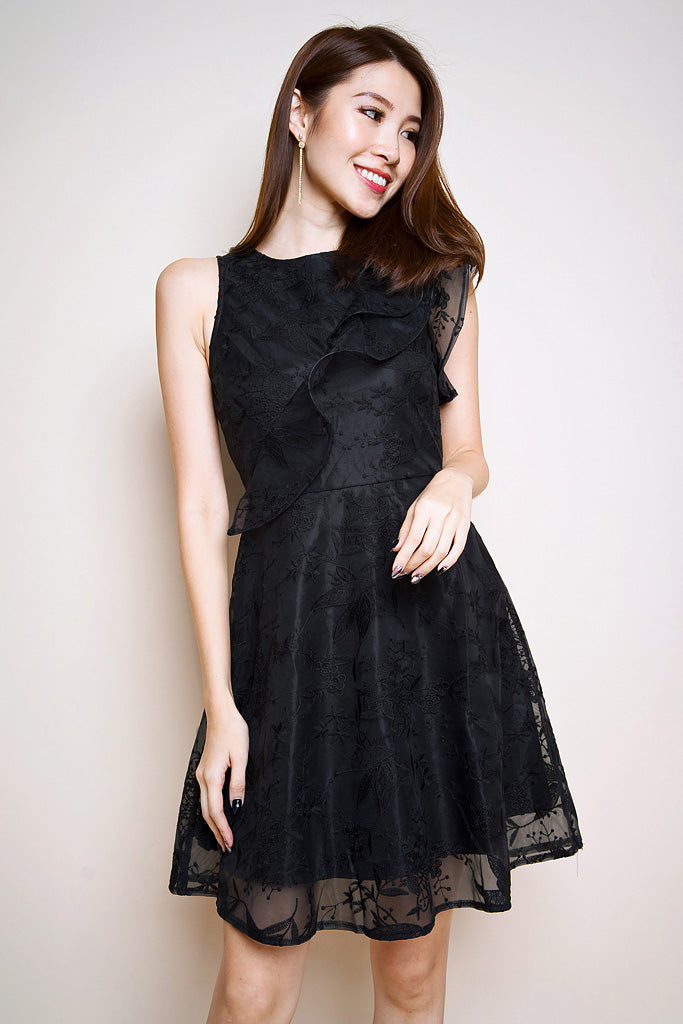 Avery Floral Mesh Ruffle Dress - Black [S/M/L/XL]