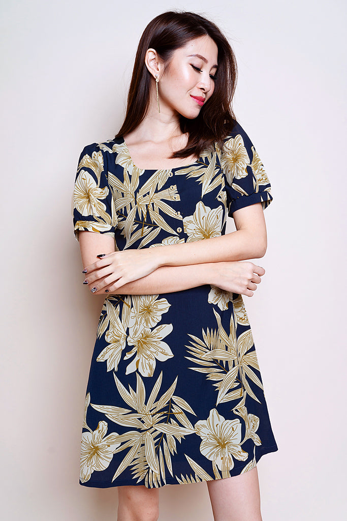 Carol Outline Floral Puffy Sleeved Dress - Navy [XS/S/M/L/XL]