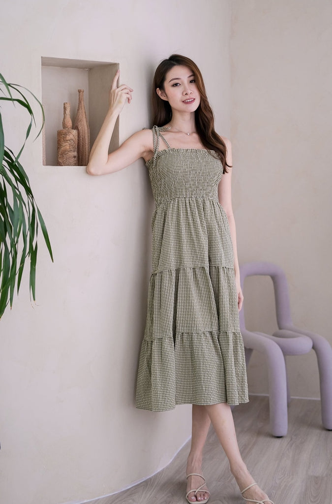 Carravine Smocked Tie-Strap Tiered Dress - Olive Gingham [XS/S/M/L/XL]