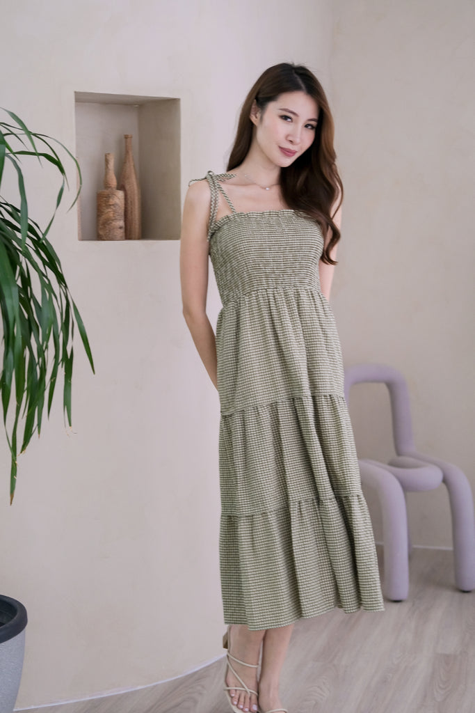 Carravine Smocked Tie-Strap Tiered Dress - Olive Gingham [XS/S/M/L/XL]