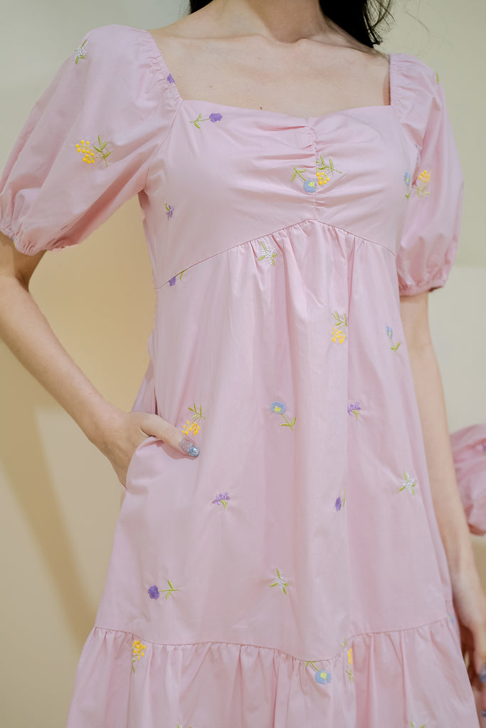 Darlie Embroidery Puffy Sleeves Dress Romper - Pink [XS/S/M/L/XL]